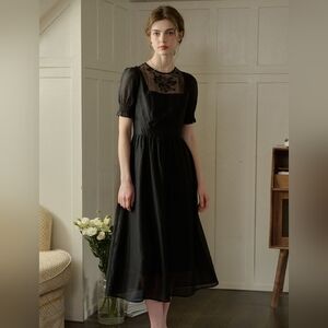 Simple retro Ariella Round Neck Mesh Embroidered Puff Sleeve Dress
